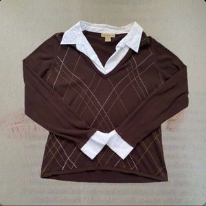 Notations Brown Sweater w/ Stripes Built in Collared Shirt: $20